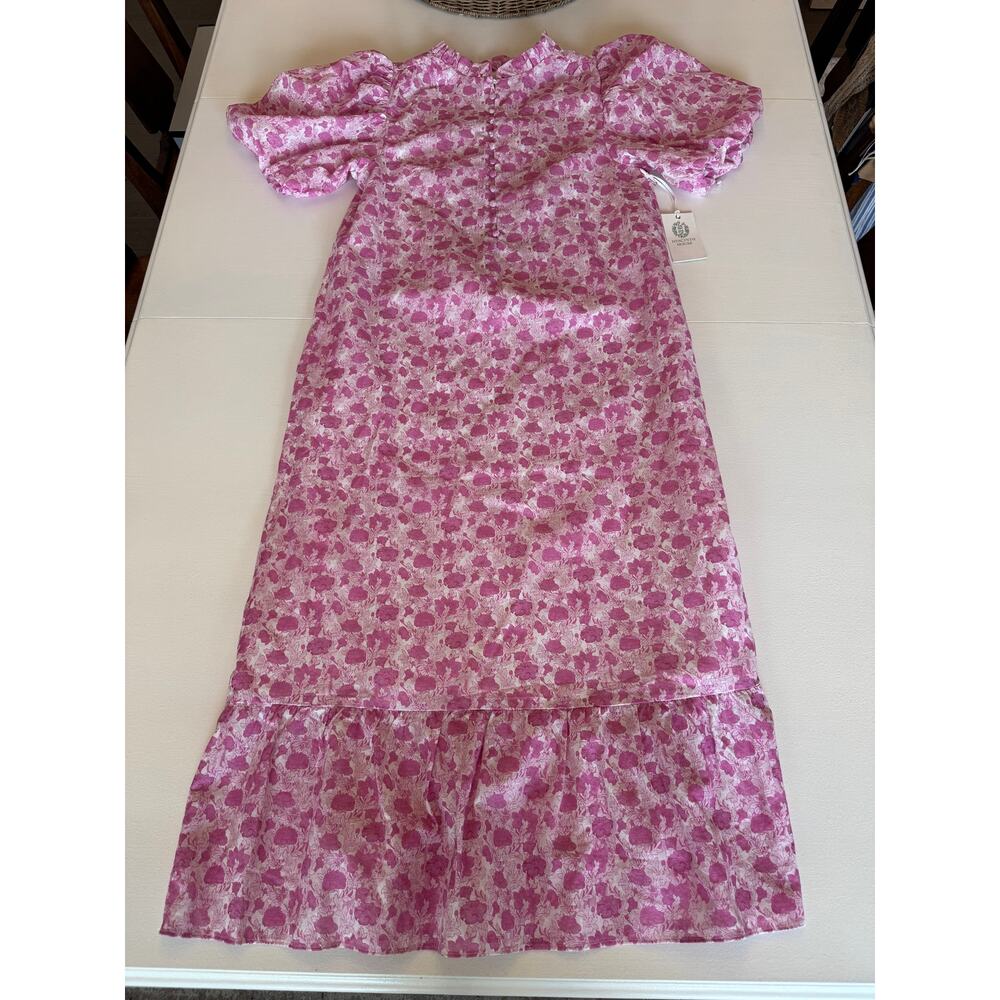 Tuckernuck New Hyacinth House Pink White Floral Midi Dress Size Medium Linen - Picture 2 of 12